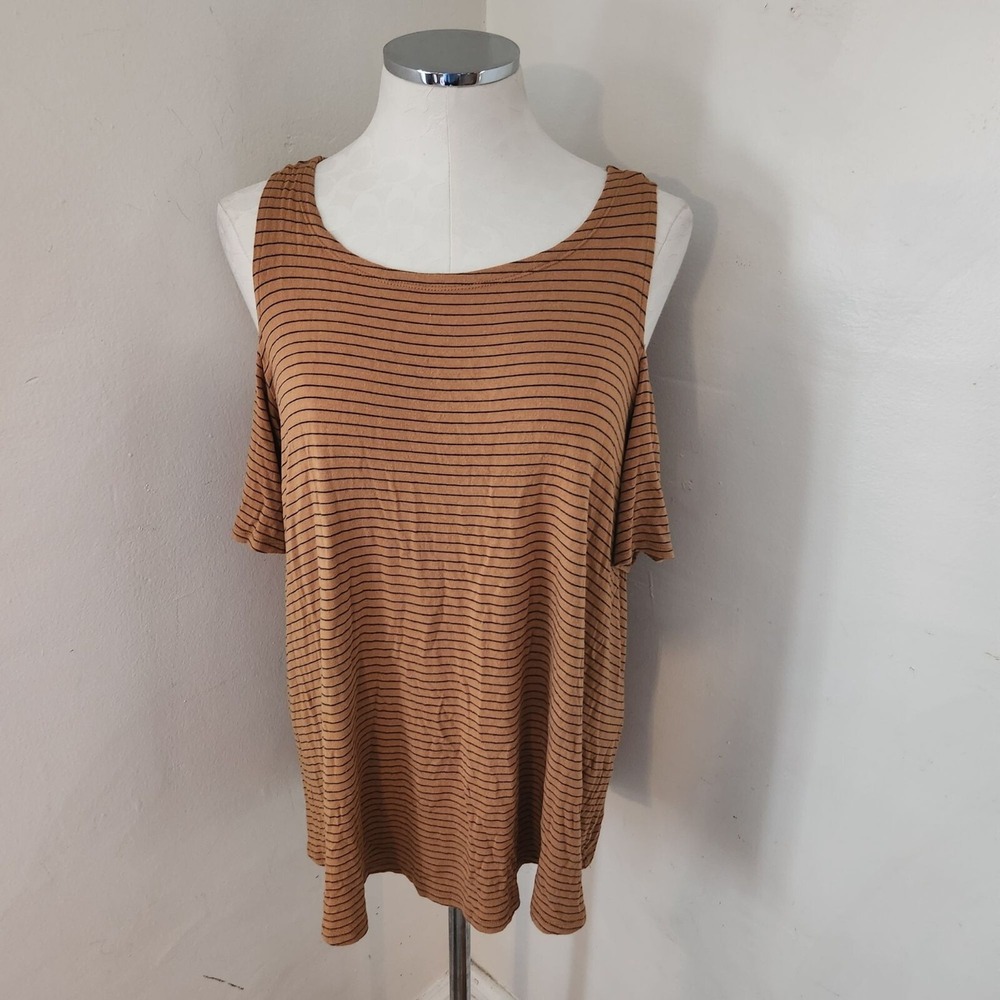 Unbranded Tan Striped Cold Shoulder Top Womens Plus Size 2X Tie Back Blouse